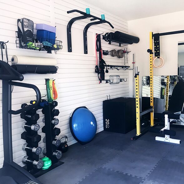 Trusscore wall&ceilingboard and slatwall white installed in residential home gym