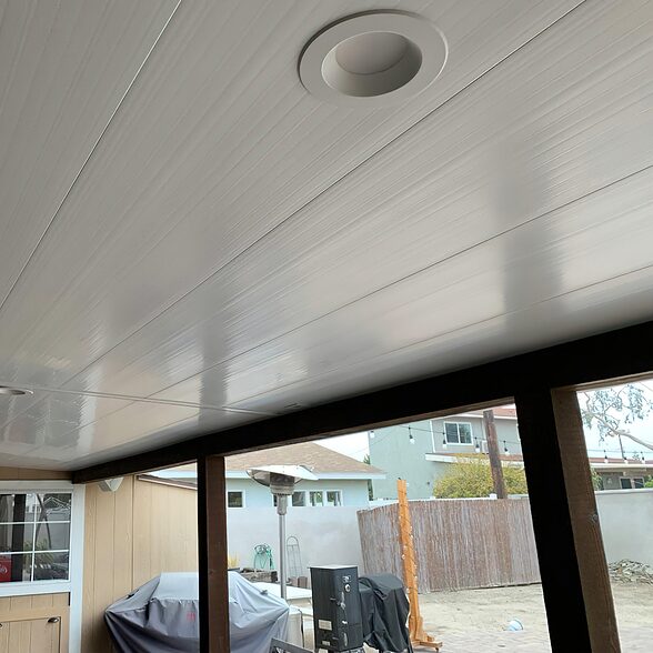 Trusscore wall&ceilingboard white installed in residential sheltered exterior ceiling