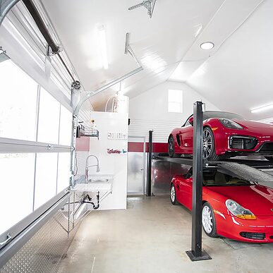 Trusscore Wall&CeilingBoard and Trusscore SlatWall in Residential Garage with Hoist
