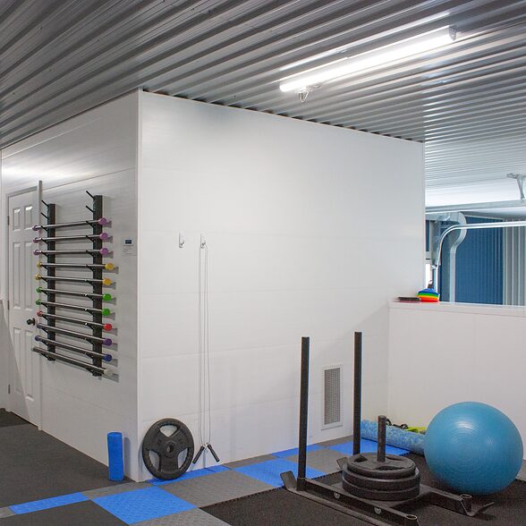 Trusscore wall&ceilingboard white installed in recreational gym