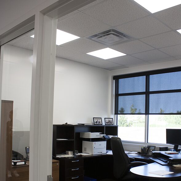 Trusscore wall&ceilingboard white and gray installed in commercial office