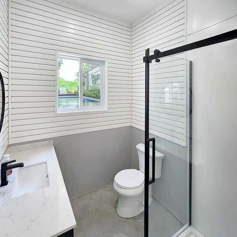 Trusscore Wall&CeilingBoard and SlatWall in Pool House Bathroom