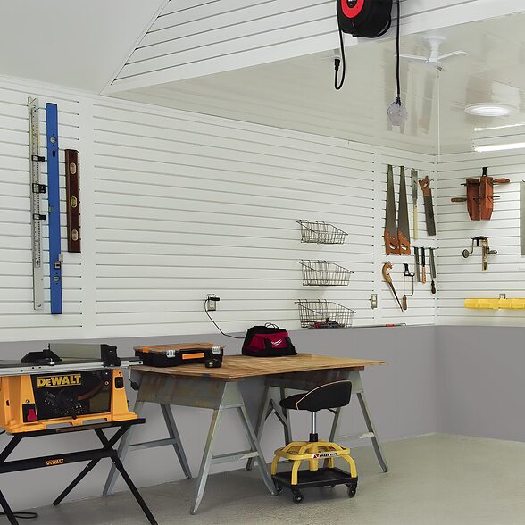 Trusscore wall&ceilingboard gray and slatwall white installed in residential garage