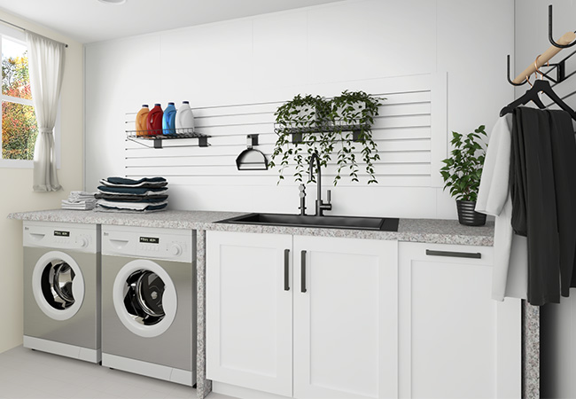 Incorporate Trusscore SlatWall for Laundry Room Organization