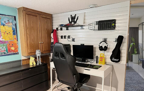 Trusscore white wall&ceilingboard and slatwall installed in basement bedroom