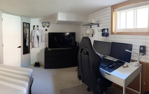 Trusscore white wall&ceilingboard and slatwall installed in basement bedroom