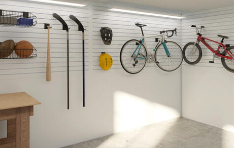 Rendered image example of a garage organized with slatwall