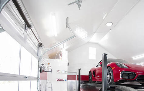 Trusscore Wall&CeilingBoard and Trusscore SlatWall in Residential Garage with Hoist
