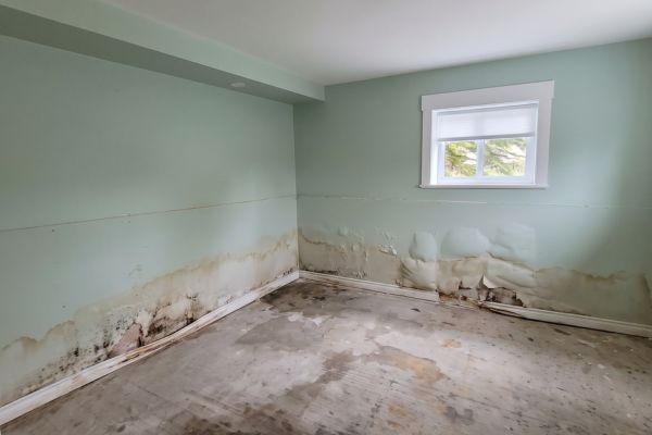 Room with water-damaged lower walls: brown stains, bubbling paint, and mold along the baseboard
